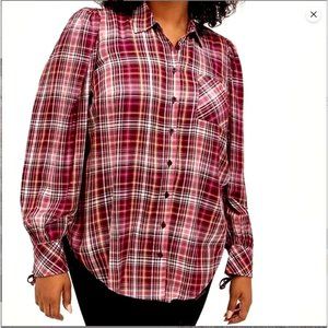 TORRID NWT 2X Plum & Pink Plaid 100% Rayon Milly Puff Long Sleeve Darted Blouse